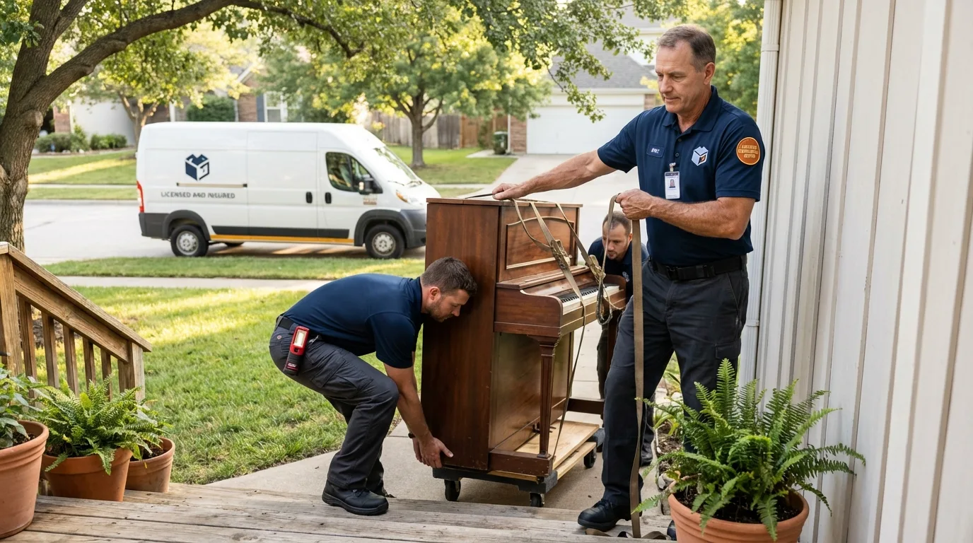 Licensed piano movers securing grand piano in Harrisonburg, LA