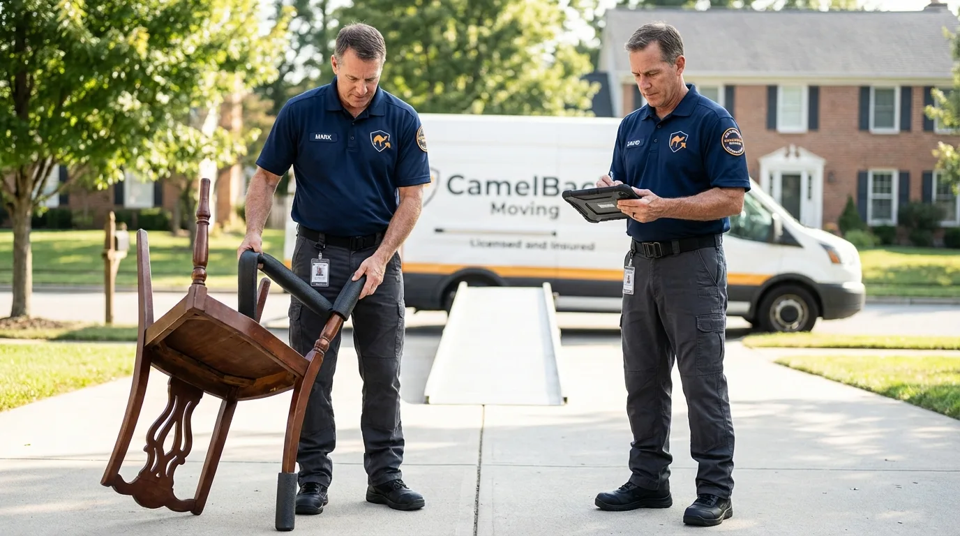 Movers inspecting furniture for damage prevention before loading in Harrisonburg, LA