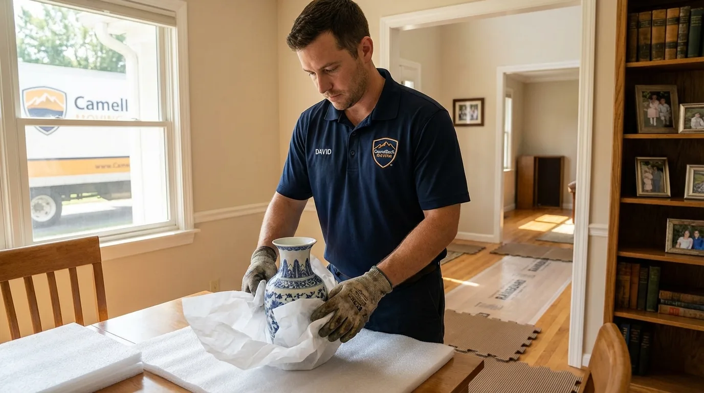 Professional crew carefully wrapping antique vase for senior downsizing move in Harrisonburg, LA